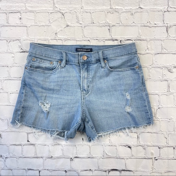 Calvin Klein Jeans Woman’s Cut Off Light Blue Mid rise Jean shorts distressed 30 - Picture 1 of 12
